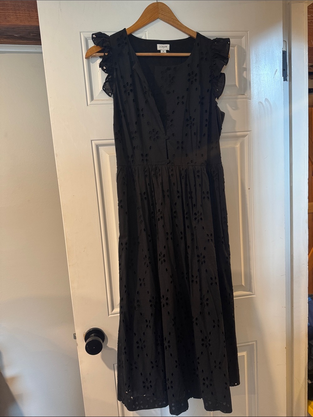 J. Crew Black Eyelet Midi Dress with Ruffle Sleeves